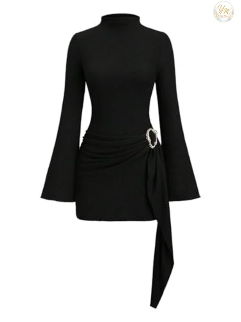 Long Sleeve Ruched Bodycon Mini Dress Tie Waist Slim Fit Party